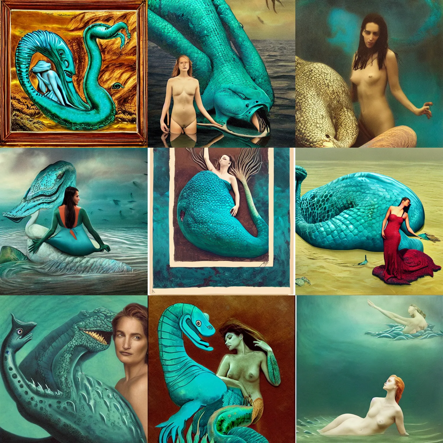 Prompt: Picture of a woman and a large turquoise reptile like sea monster by Annie Leibovitz in the style of Leda and the Swan.