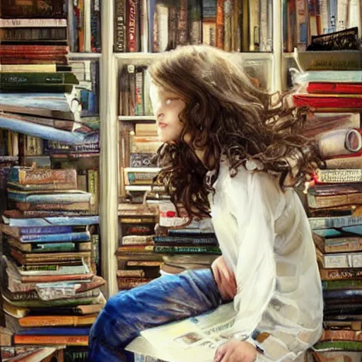 Prompt: a little girl with short curly light brown hair and blue eyes sitting in amidst tall piles of books. beautiful painting by raymond swanland and magali villanueve, beautiful detailed face.