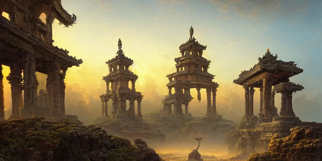 Prompt: beautiful hyperrealistic spectacular painting of a mysterious temple with a timemachine advanced technology with a green-glowing-crystal from the future, by Rapahel Lacoste and Hubert Robert and Lee Madwick, dramatic sunset lighting, advanced technology