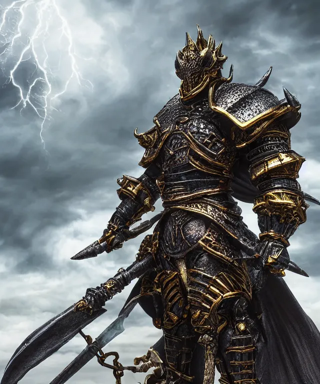 Image similar to hyperrealistic rendering, epic dark souls boss, ornate supreme demon overlord, jewel crown, war armor battle, by art of skinner and richard corben, product photography, collectible action figure, sofubi, hottoys, storm clouds, outside, lightning