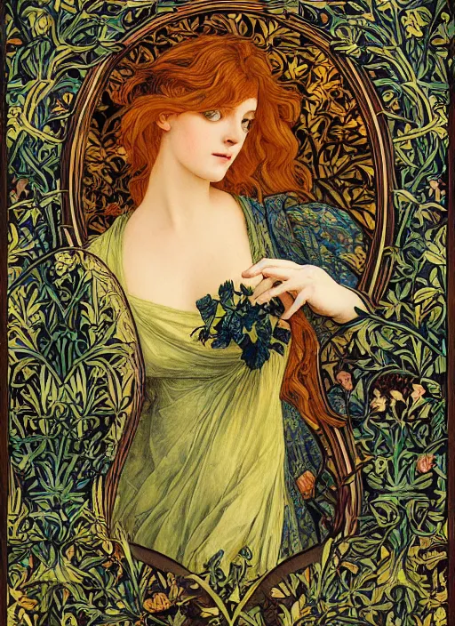 Image similar to masterpiece beautiful seductive flowing curves pose preraphaelite portrait photography, extreme closeup shot, straight bangs, thick set features, yellow ochre ornate medieval dress, amongst foliage mushroom forest arch, circle, william morris and kilian eng and mucha, framed, 4 k