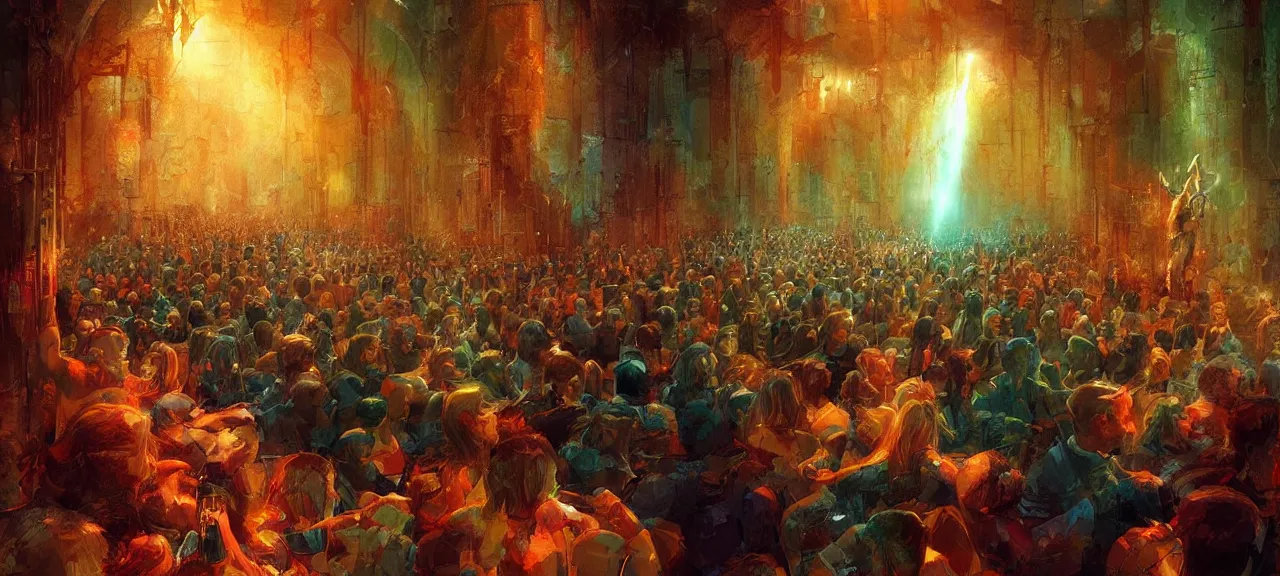 Image similar to human souls sit in the cinema and watch very deeply the light of consciousness projecting their lives on the screen of physical reality, realistic image full of sense of spirituality, life meaning, happy atmosphere, by Marc Simonetti