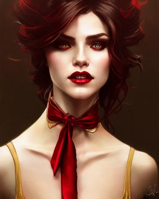 Prompt: female vampire, perfect face, gold waistcoat, red necktie, cinematic, stunning, highly detailed, digital painting, artstation, smooth, hard focus, illustration, art by artgerm and greg rutkowski and alphonse mucha