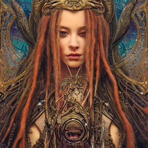 Prompt: intricate detail, hyper detail, by gaston bussiere, bayard wu, greg rutkowski, h. r. giger, greg rutkowski, sandro botticelli, lady of elche, techno mystic goddess princess intergalactica, goddess inanna, ashteroth, with aqua rapunzel dreadlocks, mami wata, detailed, masterpiece, sharp focus,