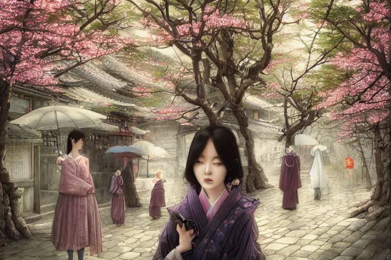 Prompt: Lee Jin-Eun by Andrew Ferez, rule of thirds, seductive look, beautiful, in Kyoto Gion with sakura trees