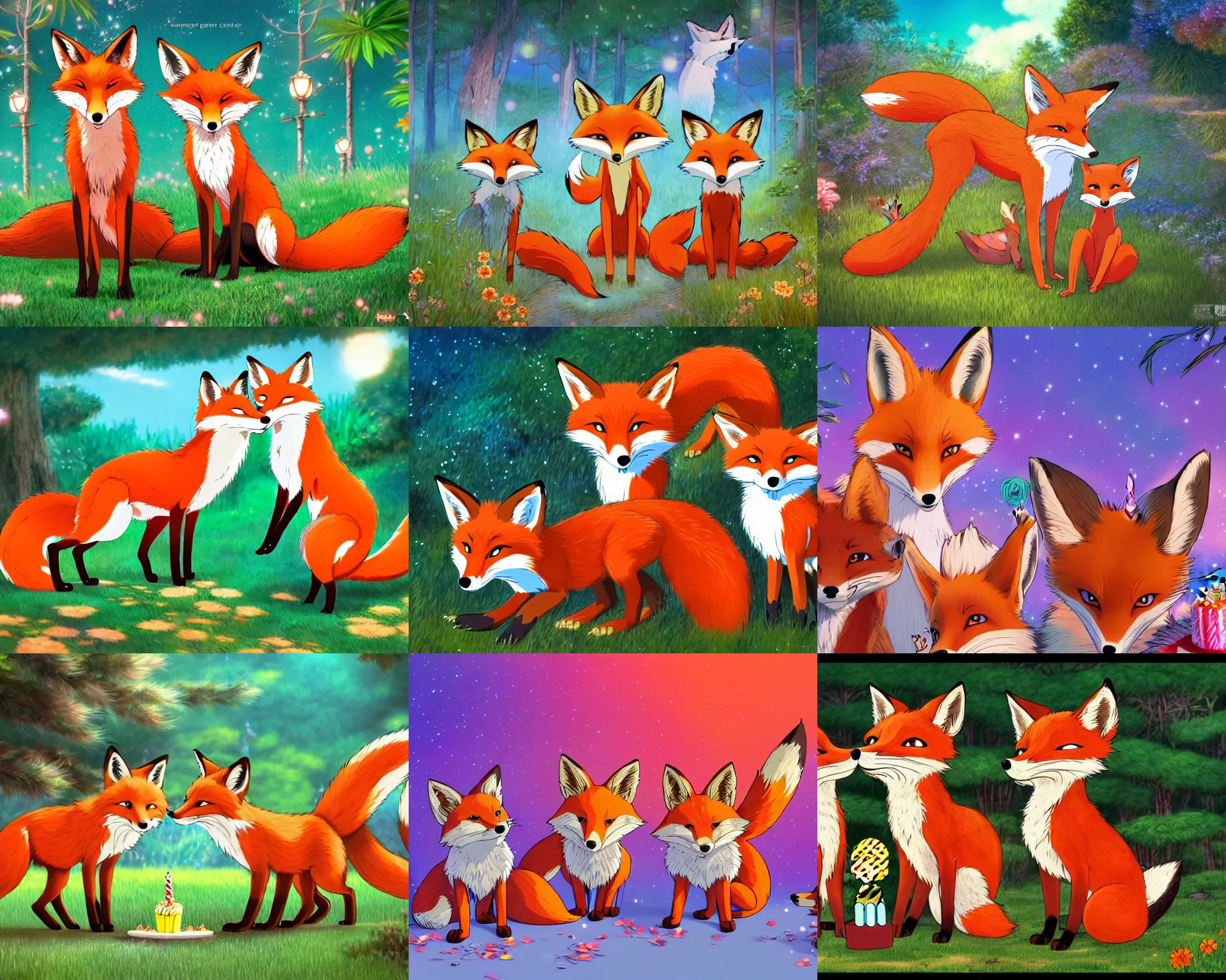 Prompt: 3 foxes of different color celebrating a birthday party, ultra hd, character design by Hayao Miyazaki, dynamic lighting, intricate detail, summer vibrancy, fur visible, cinematic, ghibli background