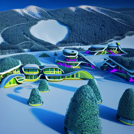 Image similar to : psychedelic ski resort, luxury, modern architectural plans hyper - realistic, detailed, render by c 4 d octane, unreal engine, 8 k 3 d render ray traceing