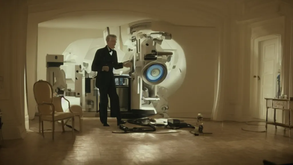 Image similar to an mri image of james cavell in the living room, film still from the movie directed by denis villeneuve with art direction by salvador dali, wide lens