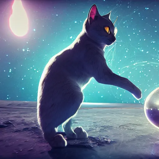 Prompt: space cat opens portal to another dimension, stars, octane render, cinematic lighting, dynamic, high detail, artstation, silver highlights