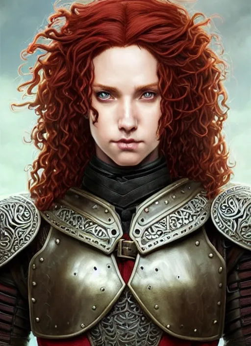 Prompt: ranger, leather armor!!! long curly red hair!! covered chest!!! green eyes, fantasy, d & d, intricate ornate details, digital painting, pretty face!!, symmetry, concept art, sharp focus, illustration, art by artgerm! greg rutkowski magali villeneuve wlop! ilya kuvshinov!!, octane render