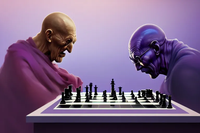 Prompt: thanos playing chess with mahatma gandhi on a marble table, extremely detailed digital painting, in the style of fenghua zhong and ruan jia and jeremy lipking and peter mohrbacher, mystical colors, rim light, beautiful lighting, 8 k, stunning scene, raytracing, octane, trending on artstation