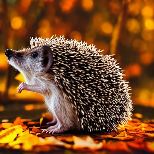Image similar to hedgehog in the style of tom chambers, warm colours, autumn colours, cinematic lighting, front profile