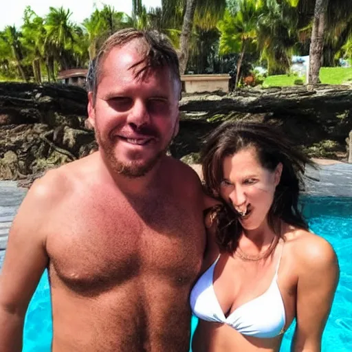Image similar to photo of a 4 0 year old man that looks young for his age dating a very attractive 2 2 year old woman wearing a bikini. his wife is visibly upset in the background. lol