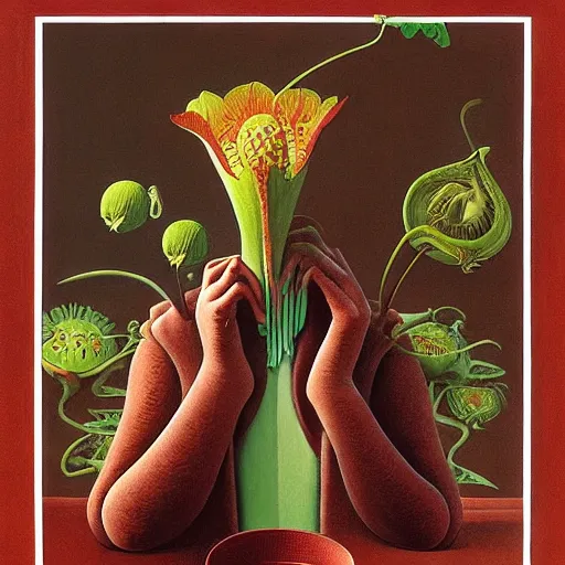 Image similar to Portrait of a Venus Flytrap Gentleman Venus Flytrap disguised as a human standing atop a red clay pot octavio ocampo jacek yerka winslow homer norman rockwell inio asano noctograph