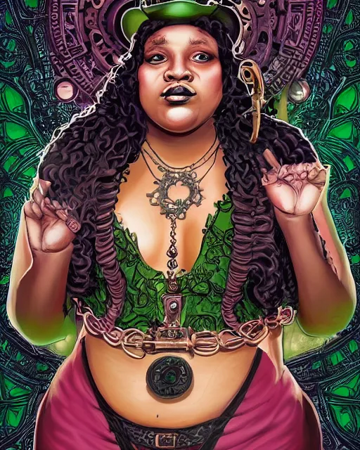 Prompt: a detailed portrait illustration of a steampunk necromancer - gambler. beautiful obese black female face, very dark skin. gorgeous green eyes. voodoo aesthetic. art nouveau, pop art, comic book style. influenced by neil gaiman, dan mumford, brian froud, kehinde wiley, killian eng, ross tran.