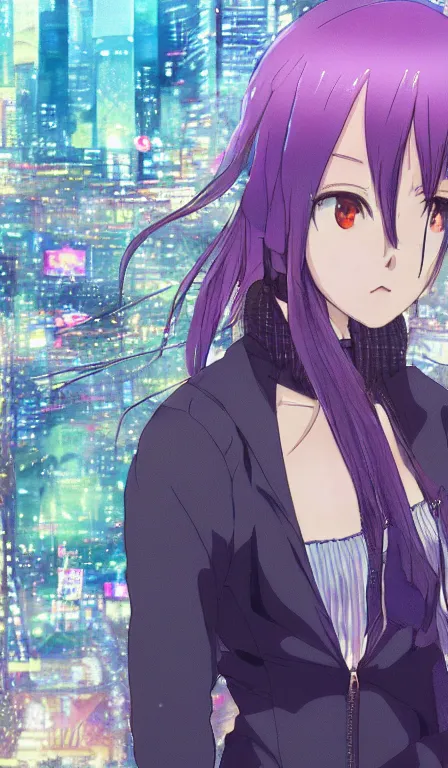 Prompt: anime fine details portrait of Mizore Shirayuki in front of cyberpunk modern city landscape on the background deep bokeh, close-up view, anime masterpiece by Studio Ghibli, 8k, sharp high quality anime, artstation