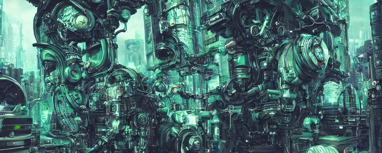 Image similar to Portrait of a cyberpunk sci-fi VR holoreel machine engine, third person, D&D, sci-fi fantasy, cogs tubes tanks pistons pulleys, monitor screen, intricate, green black ebony, highly detailed, art by Range Murata, highly detailed, 3d, octane render, bright colors, digital painting, trending on artstation, sharp focus, illustration style of Stanley Artgerm, background in a cinematic