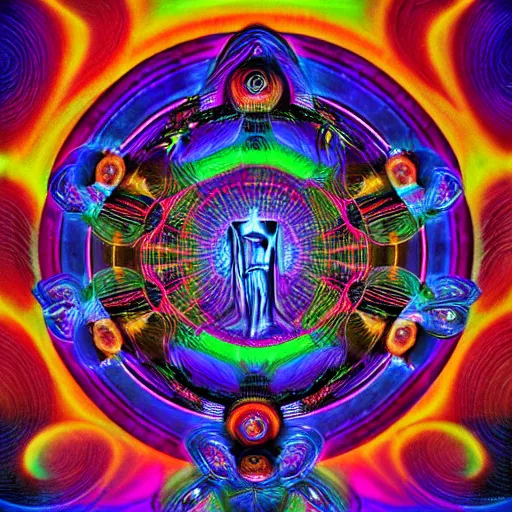 Image similar to hallucionational imaginery spirits, gaia, jesus, xray art, shaman mystic visions, symmetrical, in the style of pablo amaringo, alex grey, psychedelic, beautiful, imaginative, octane render