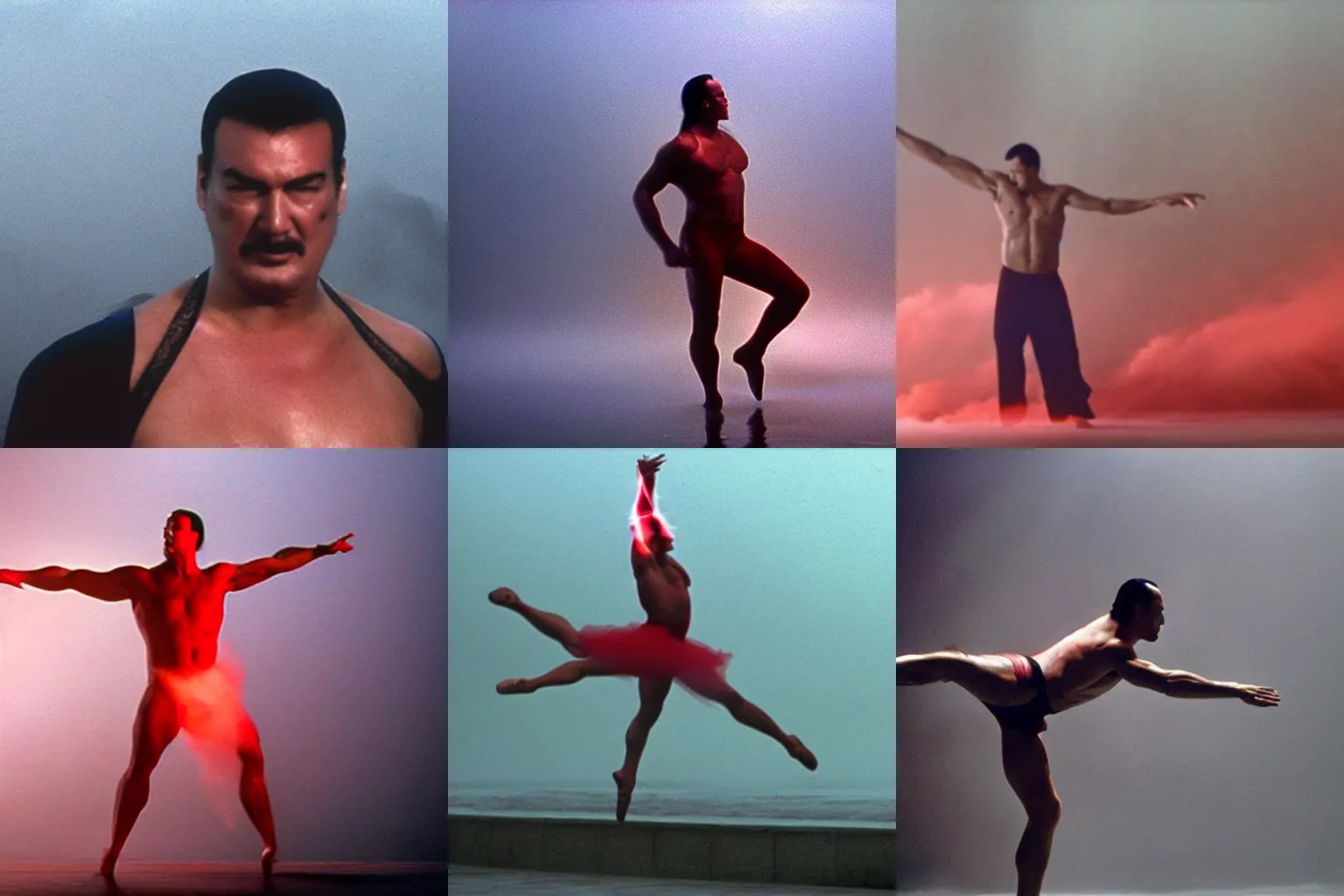 Prompt: steven seagal skinny shirtless doing ballet dramatic red lightning from behind fog