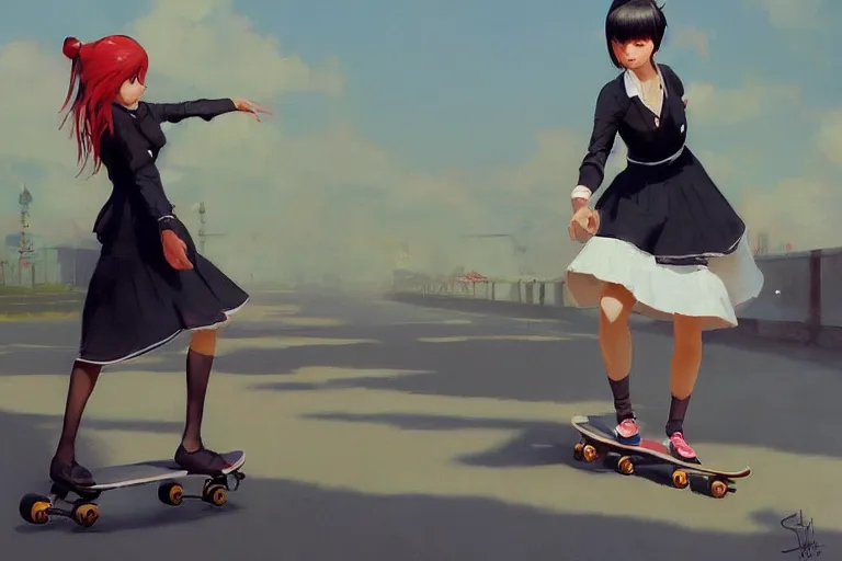 Image similar to A ultradetailed beautiful panting of a stylish woman in a maid outfit skateboarding, Oil painting, by Ilya Kuvshinov, Greg Rutkowski and Makoto Shinkai