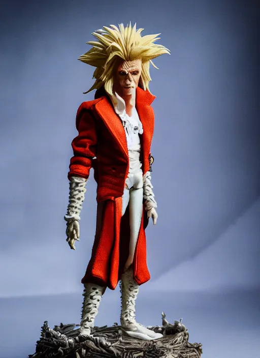 Prompt: product photography of a claymation action figure david bowie as jareth the goblin king, labyrinth depth of field, zeiss lens, detailed, centered, by jim henson, erwin olaf, joop geesink, breathtaking, 8 k resolution, extremely detailed, beautiful, establishing shot, hyperrealistic