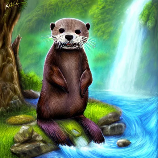 Image similar to furry otter warrior, fantasy art by Kathy Bakett, lightweight armour, near the river, waterfall, digital art, high quality, 4K