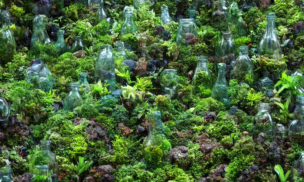 Image similar to terrarium worlds made of lush rainforests in mccartney bottles 8 k /