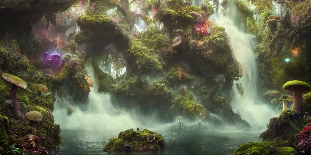 Image similar to tom bagshaw, mythical gigantic space cavern, soft painting 3 d render curiosities carnival pond vegetation rocks mushrooms and tentacles covered moss, luminescent wisps, stunning waterfall, accurate features, focus, very intricate ultrafine details, random volumetric lighting, fog, award winning masterpiece, octane render 8 k hd, artstation