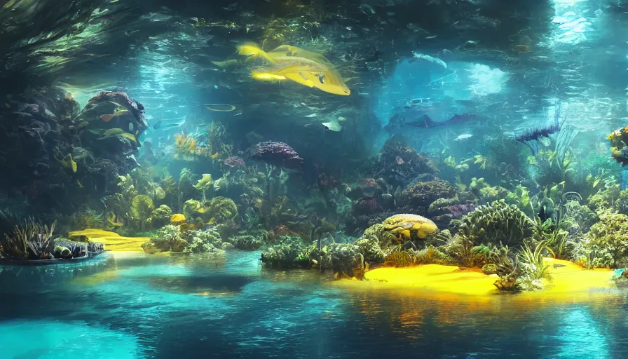 Image similar to interview of an underwater jungle built under blue domes, yellow lights, hyperdetailed, artstation, cgsociety, 8 k