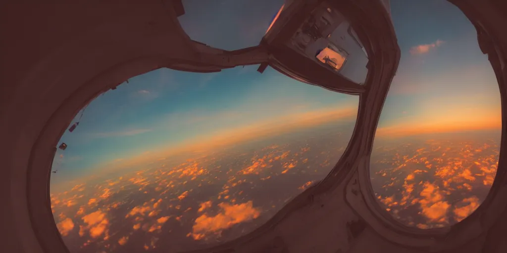 Prompt: wide angle photo looking out the window of a space capsule, liminal, cinematic, dreamscape, cinematics lighting, sunset colors, flying in the air, city in background