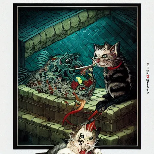 Image similar to vampire cat eating a fish, inside a frame on a tiled wall, frontal picture, by yoichi hatakenaka, masamune shirow, josan gonzales and dan mumford, ayami kojima, takato yamamoto,