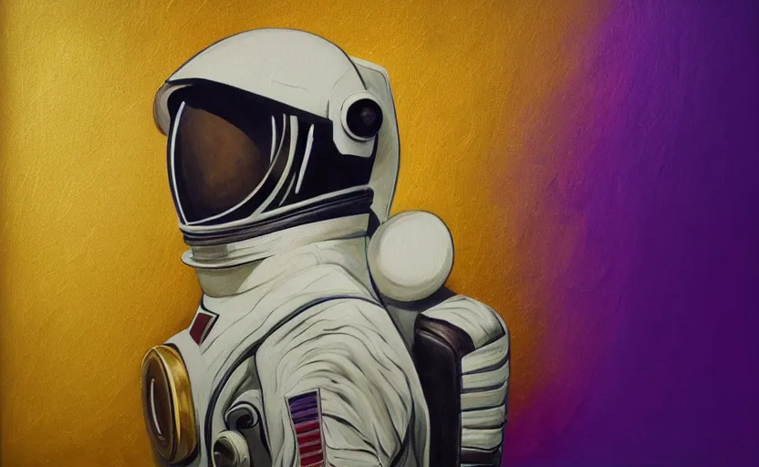 Prompt: textured _ art _ deco _ painting _ of _ astronaut _ side _ profile _ full _ body _ flying _ from _ bottom _ left _ to _ top _ right _ muted _ greens _ and _ browns _ geometric _ gold _ and _ deep _ purple