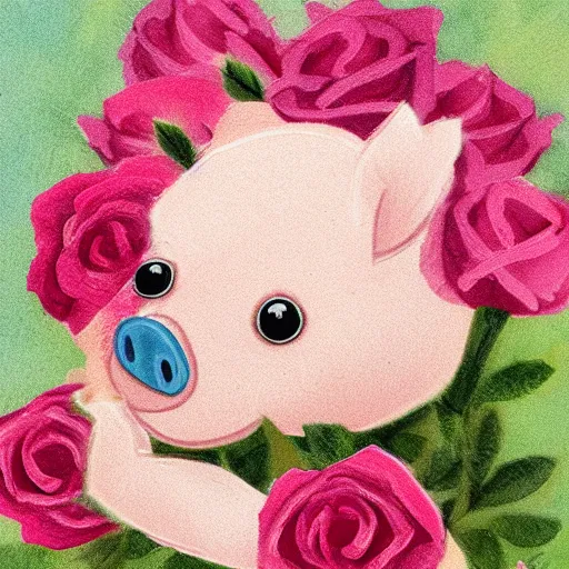 Prompt: a piglet with roses