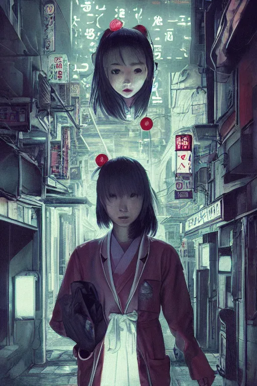 Image similar to portrait of a Japanese creepy nurse girl, wearing a straight jacket in a busy Tokyo street at night, neon lights, advertising, intricate artwork, nightmare fuel, terrifying, by akihiko yoshida , trending on artstation, greg rutkowski, cinematic, hyper realism, high detail, octane render, 8k