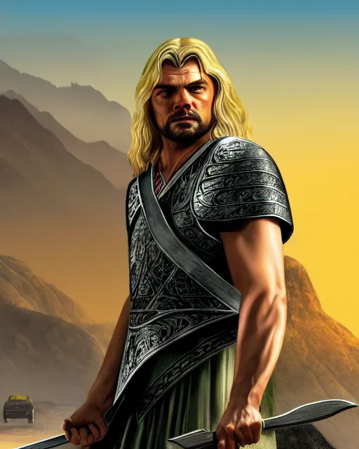 Prompt: eomer from Lord of the rings in GTA V, Cover art by Stephen Bliss, boxart, loading screen, 8K resolution