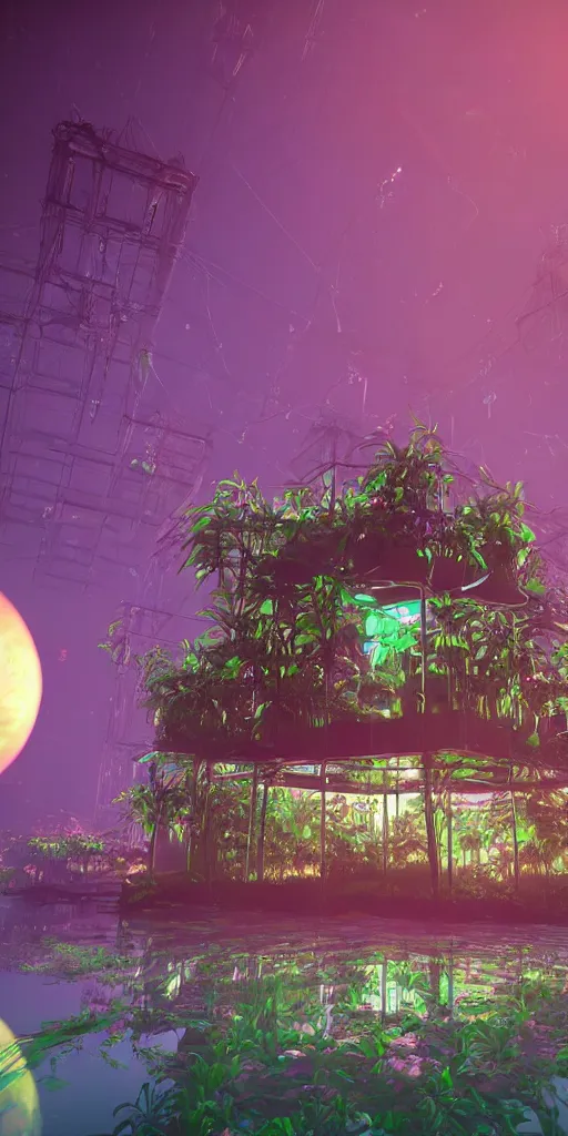 Image similar to humongous technologic flower house on a dusky planet, spooky, retrowave, art by warner bros, smooth, cinematic, wet reflections, ray tracing x, rtx, smooth