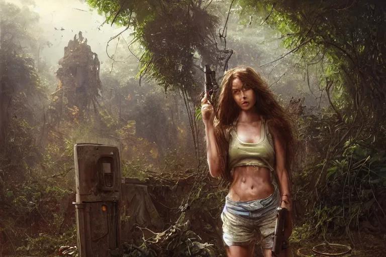 Prompt: artstation concept of a beautiful adventurous girl holding a machine pistol, sweaty skin, symmetrical face, high body detail, ripped up field fatigues, torn open shirt, jungle background with ruins, vines, hyperdetailed, artstation trending, world renowned artists, worth1000.com, cgsociety, by greg rutkowski, by Gustave Doré, by Marco Turini, by Artgerm, Deviantart in the style of Tom Bagshaw, Cedric Peyravernay, Peter Mohrbacher