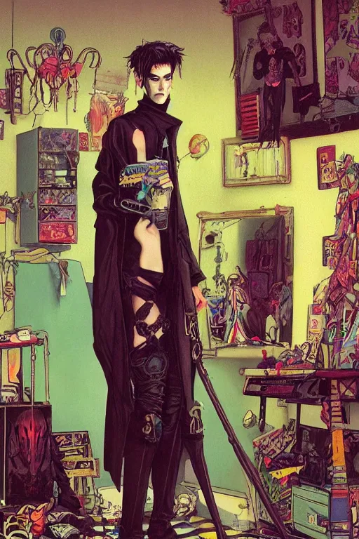 Image similar to a skinny goth guy standing in a cluttered 9 0 s bedroom, full body character concept art, vaporwave colors, gerald brom art,