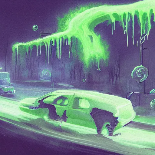 Prompt: a being of green ghostly viscous slime ooze making its way through abandoned midnight suburban streets, inevitable doom, concept art, goosebumbs novel cover, wisp lights, rhads,