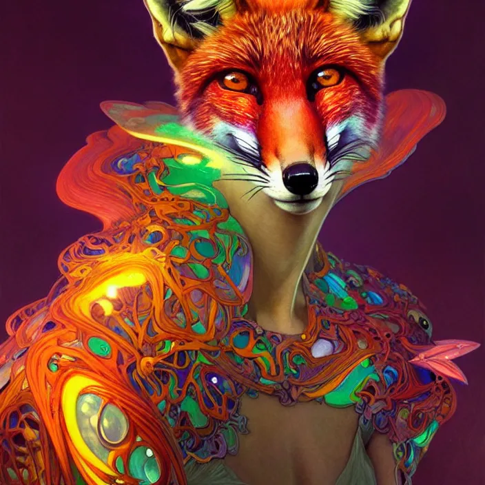 Image similar to bright psychedelic portrait of organic fox cyborg, wings, diffuse lighting, fantasy, intricate, elegant, highly detailed, lifelike, photorealistic, digital painting, artstation, illustration, concept art, smooth, sharp focus, art by John Collier and Albert Aublet and Krenz Cushart and Artem Demura and Alphonse Mucha