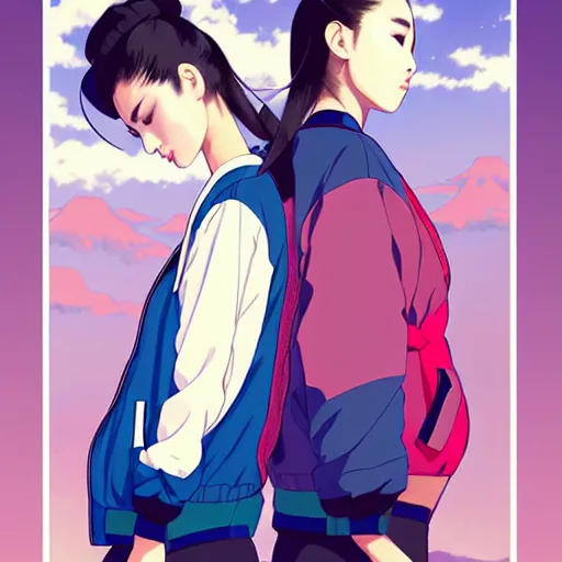 Image similar to a beautiful plus sized model japanese natalie portman, alluring, wearing oversized mayan bomber jacket and leotard with overalls, bulky poofy bomber jacket with mayan patterns, aztec street fashion, gapmoe yandere grimdark, trending on pixiv fanbox, painted by greg rutkowski makoto shinkai takashi takeuchi studio ghibli, akihiko yoshida