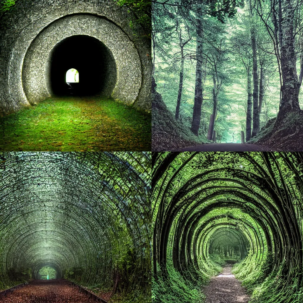 Prompt: a tunnel in the middle of a forest filled with trees, a storybook illustration by s j lamorna birch, featured on pexels, arts and crafts movement, enchanting, flickering light, high dynamic range