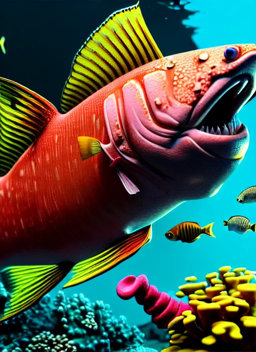 Image similar to hyperrealism, detailed textures, photorealistic 3 d render, an underwater scene with brightly coloured fish smoking cigars, brightly coloured coral, ultra realistic, ultra high pixel detail, cinematic, intricate, cinematic light, octane render, concept art, illustration, captured on canon eos r 6, art station, unreal engine 8 k