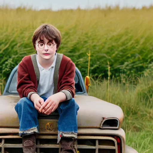 Prompt: harry potter as a natural light on an old truck in a field