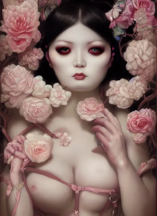 Image similar to pop surrealism, lowbrow art, realistic seductive cute woman painting, body harness, japanese shibari with flowers, hyper realism, muted colours, rococo, natalie shau, loreta lux, tom bagshaw, mark ryden, trevor brown style,