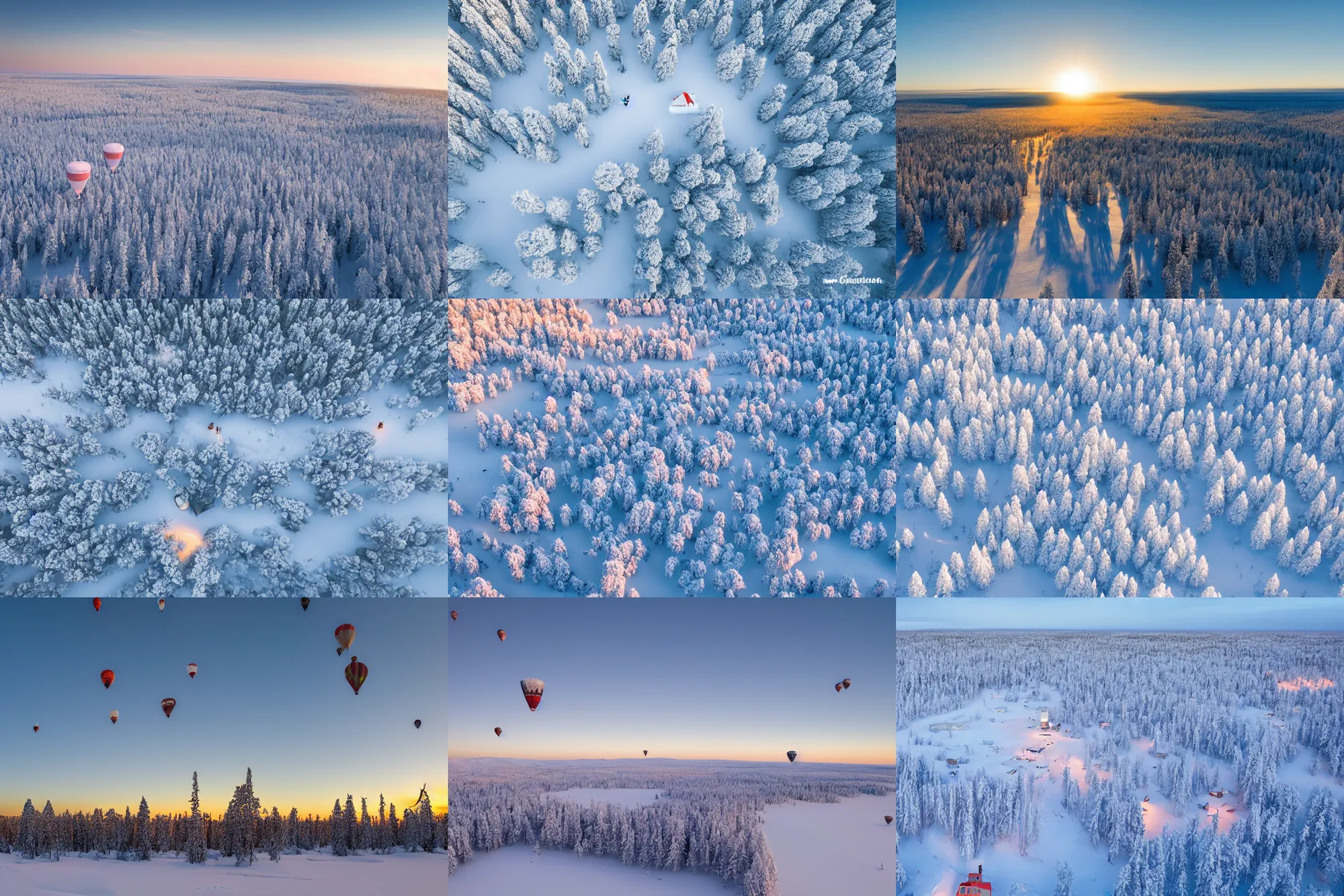 Prompt: aerial photography, lapland, cannon snow covered trees, reindeer, hot air balloons, dusk