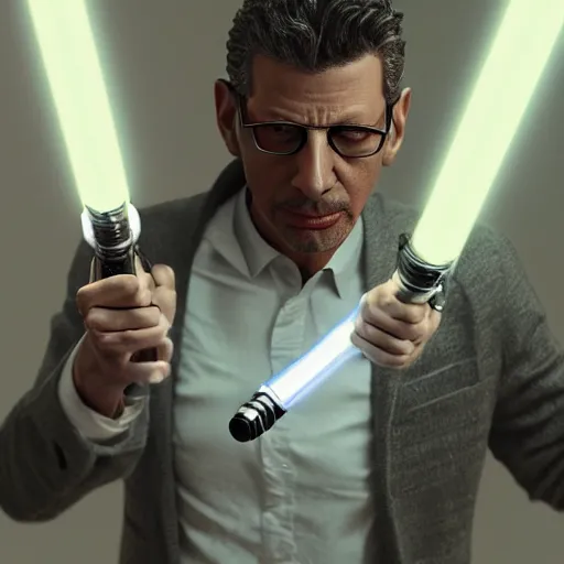 Prompt: hyperrealistic jeff goldblum wielding lightsaber, stunning 3 d render inspired by istvan sandorfi & xiang duan, perfect symmetry, dim volumetric cinematic lighting, 8 k octane comprehensive render, extremely mega hyper - detailed and lifelike attributes & atmosphere, intricate, realistic flesh texture, masterpiece, artstation, stunning,