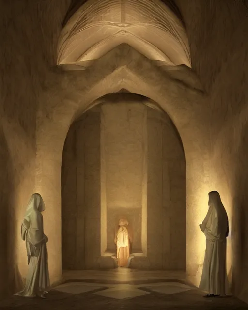 Prompt: inside a tomb, light coming in from the left, 2 angels with wings, 3 women in robes, fibonacci, by artgerm, caravaggio, craig mullins