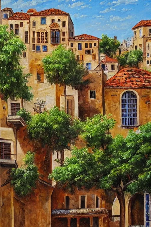 Image similar to painting of view of old European city with mix of middle eastern architecture fusion, greenary trees between houses, photoreal, stunning atmosphere landscape painting by Charles Leickert