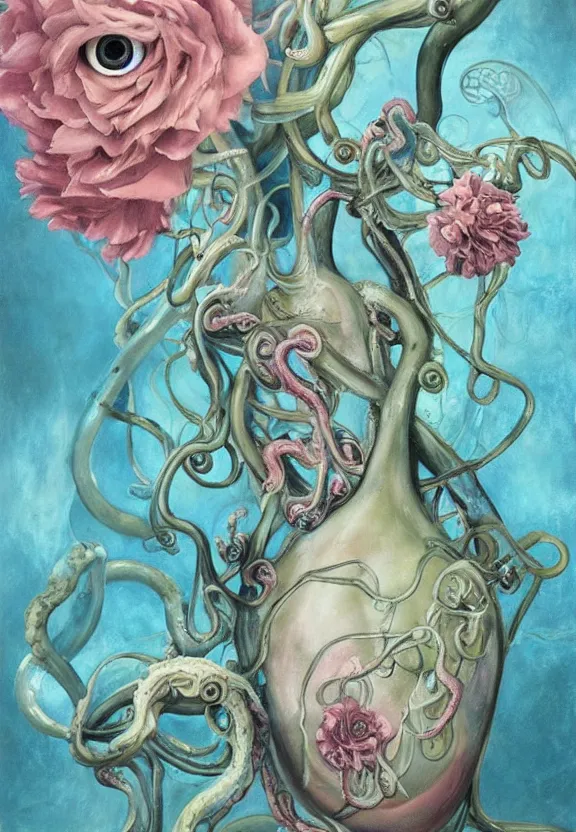 Image similar to a biomorphic painting of a vase with flowers and eyeballs, surrealist painting by marco mazzoni, by dorothea tanning, pastel blues and pinks, tentacles, melting, plastic, skull, featured on artstation, metaphysical painting, oil on canvas, fluid acrylic pour art, airbrush art, seapunk, rococo, lovecraftian